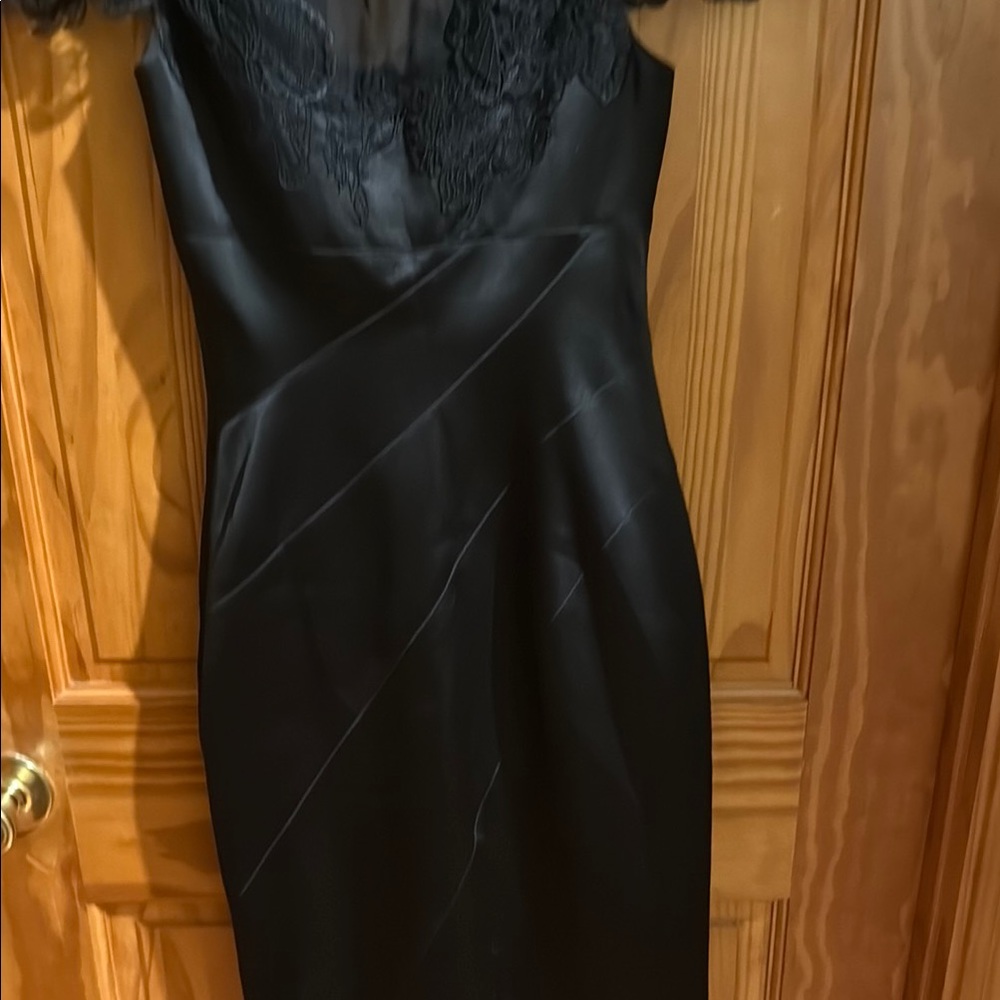 NWT Karen Millen Black Satin Dress with Lace Black Ties Cocktail Wedding Guest - Picture 8 of 13